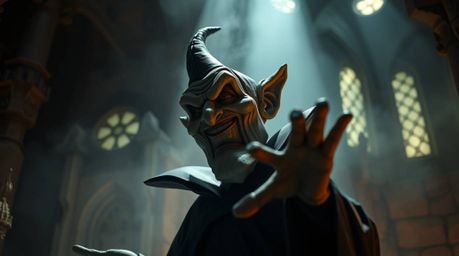 A captivating close-up showcases a classic Disney villain meticulously sculpted from layered papier-mâché.  Volumetric lighti