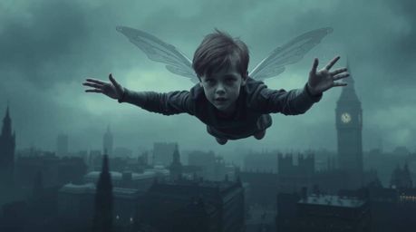 A young boy with pale skin soars through a fog-laden London powered by pixie dust, captured in a dark and unsettling style. L