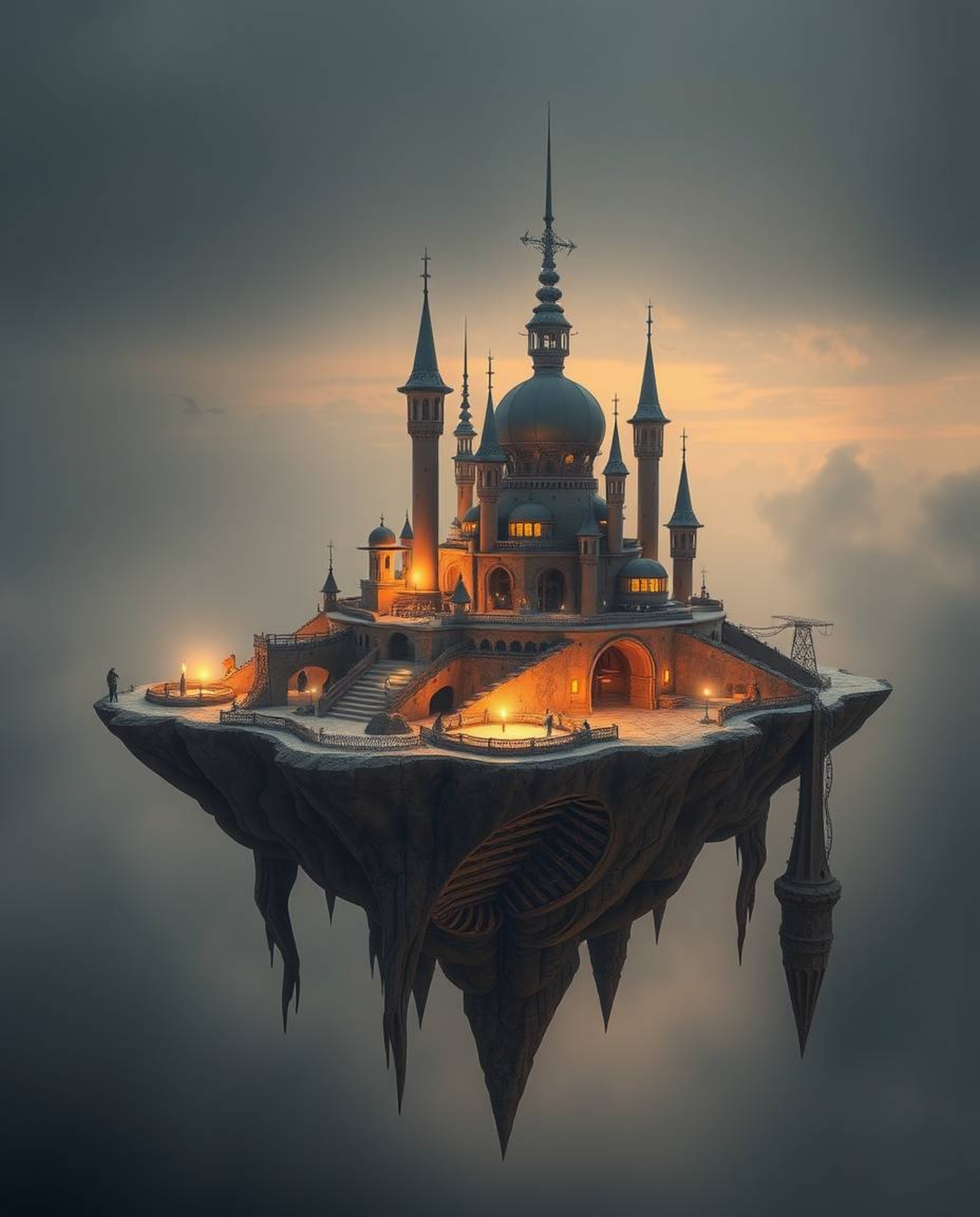 Explore a breathtakingly surreal floating island featuring bizarre and captivating architecture. This image captures the ethe