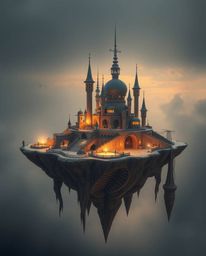 Explore a breathtakingly surreal floating island featuring bizarre and captivating architecture. This image captures the ethe