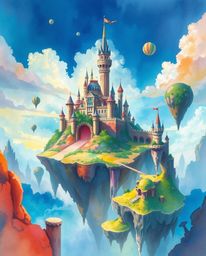 Discover a breathtaking watercolor painting of a vibrant kingdom, featuring floating islands, majestic castles, and transluce