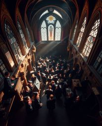Explore a captivating magical school brimming with young wizards, captured from a unique high-angle perspective. The scene bo