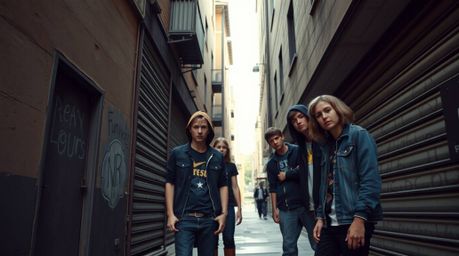 Discover a captivating fine art photograph depicting a grungy city alley brimming with rebellious teens.  Shot in the style o