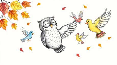 A heartwarming, hand-drawn sketch depicts a kind, blind owl teaching vibrant birds how to fly.  Set against a simple white ba