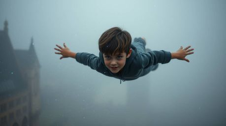 A young boy soars above a London cloaked in thick fog, carried by shimmering, iridescent pixie dust. The low visibility and d
