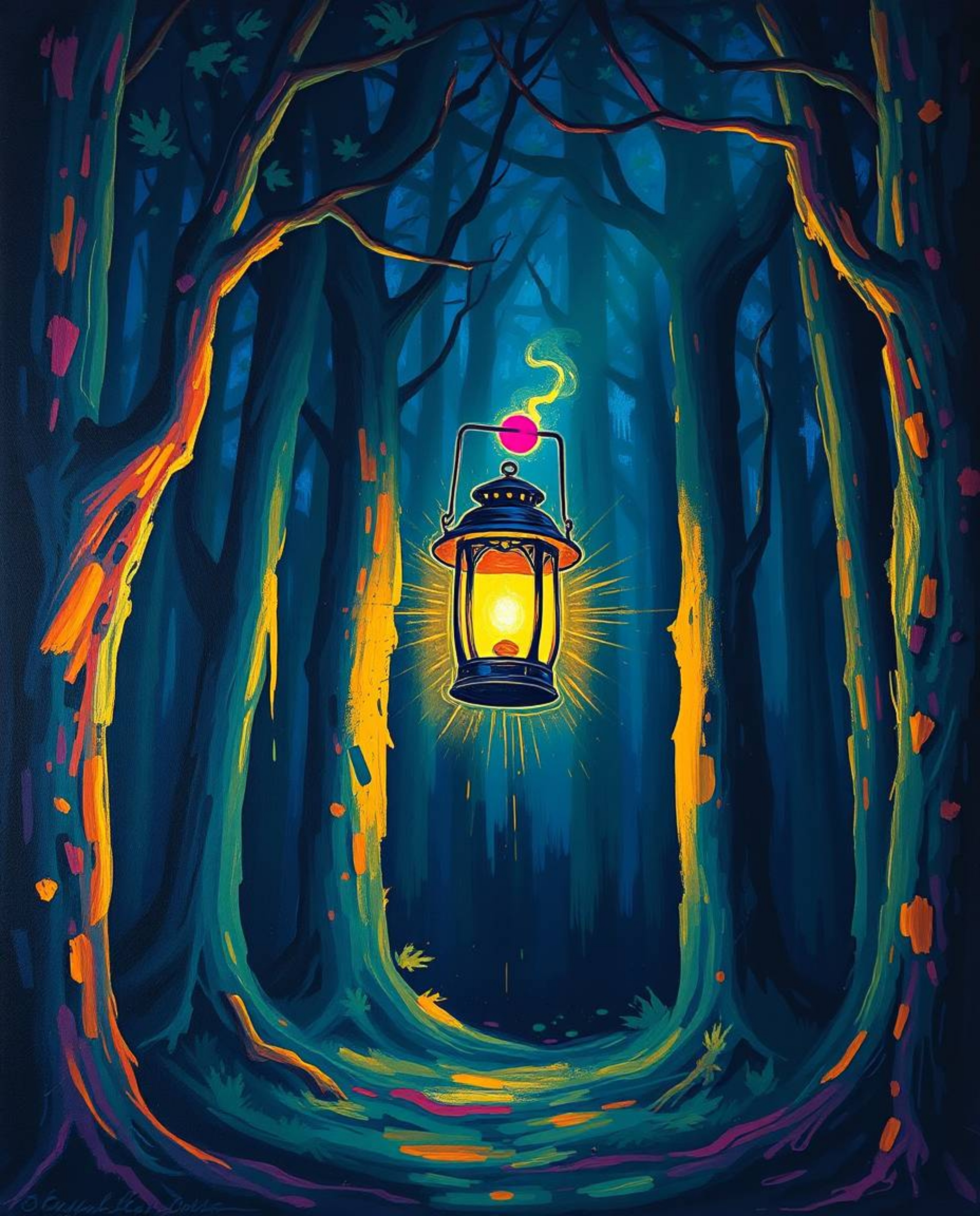 Immerse yourself in a captivating scene of a glowing lantern illuminating a dark forest. This image is rendered as a bold acr