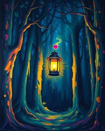 Immerse yourself in a captivating scene of a glowing lantern illuminating a dark forest. This image is rendered as a bold acr