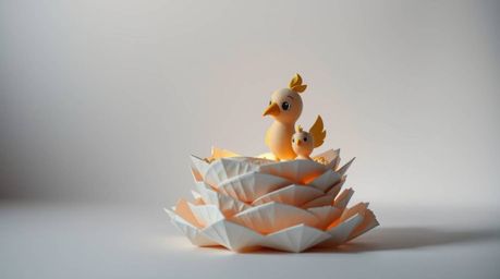 A gentle, soft light illuminates a layered papier-mâché sculpture depicting two cartoon birds diligently building a nest in a