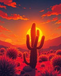 A warm and expressive composition in a classic Isekai anime style. The artwork depicts a desert cactus glowing in the last ra
