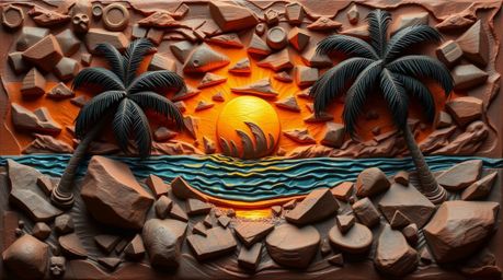 This sculptural clay art depicts an intense and dramatic tropical beach sunset scene, complete with swaying palm trees. The m