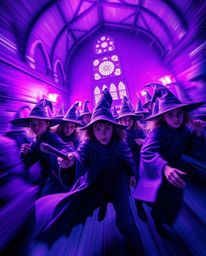 Immerse yourself in a dynamic motion artwork depicting a magical school brimming with young wizards, all rendered in deep ult
