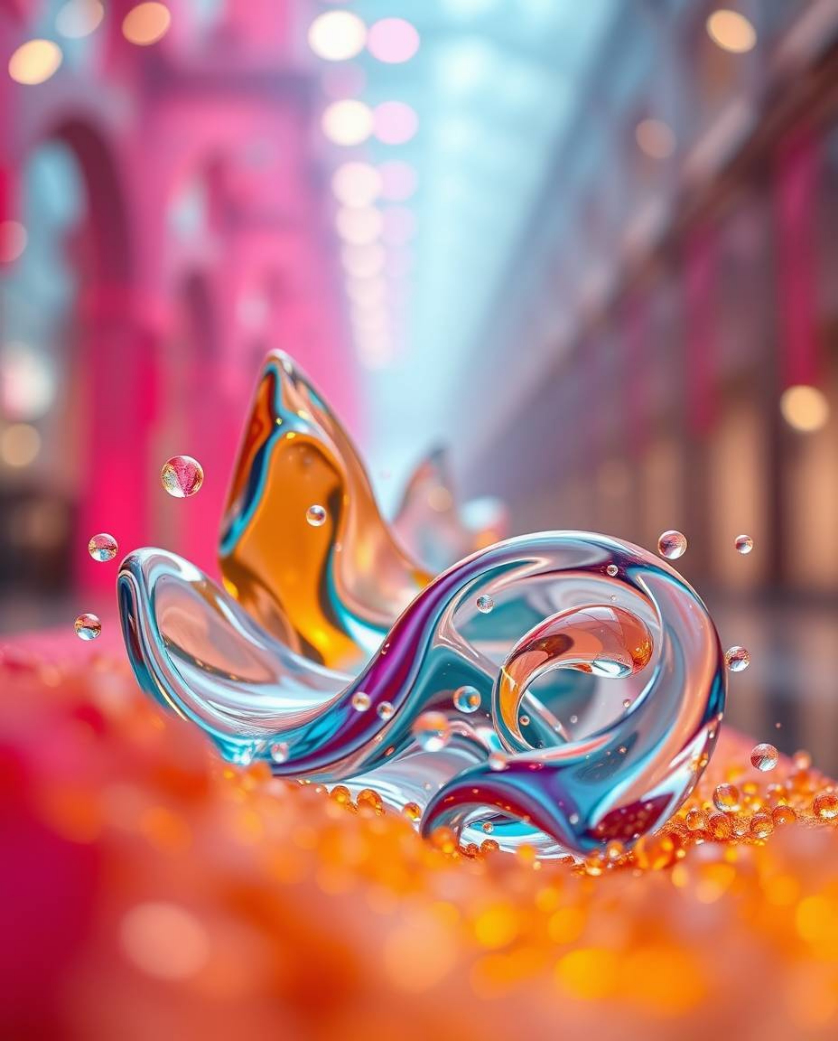 This captivating architectural color photograph showcases mesmerizing glassy fluid 3D shapes in dynamic motion, enveloped by 