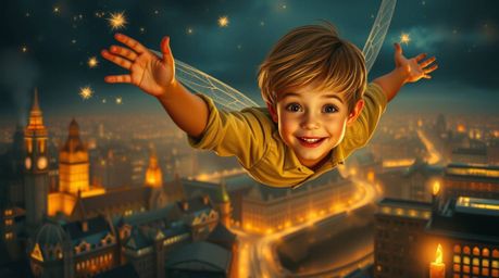 A captivating image of a young boy with light skin soaring above the illuminated city of London at night, propelled by magica