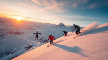 A stunning image depicting skiers in dynamic action poses as they descend snow-covered mountains at sunset.  The scene is bat