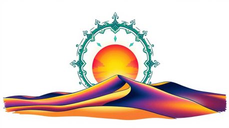This art print showcases a symbolic traditional tattoo art style blended with a mesmerizing sunset over golden desert dunes. 
