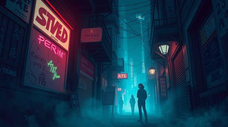 A dreamy, soft-focus illustration depicting a grungy city alley teeming with rebellious teens.  The scene is bathed in a rich