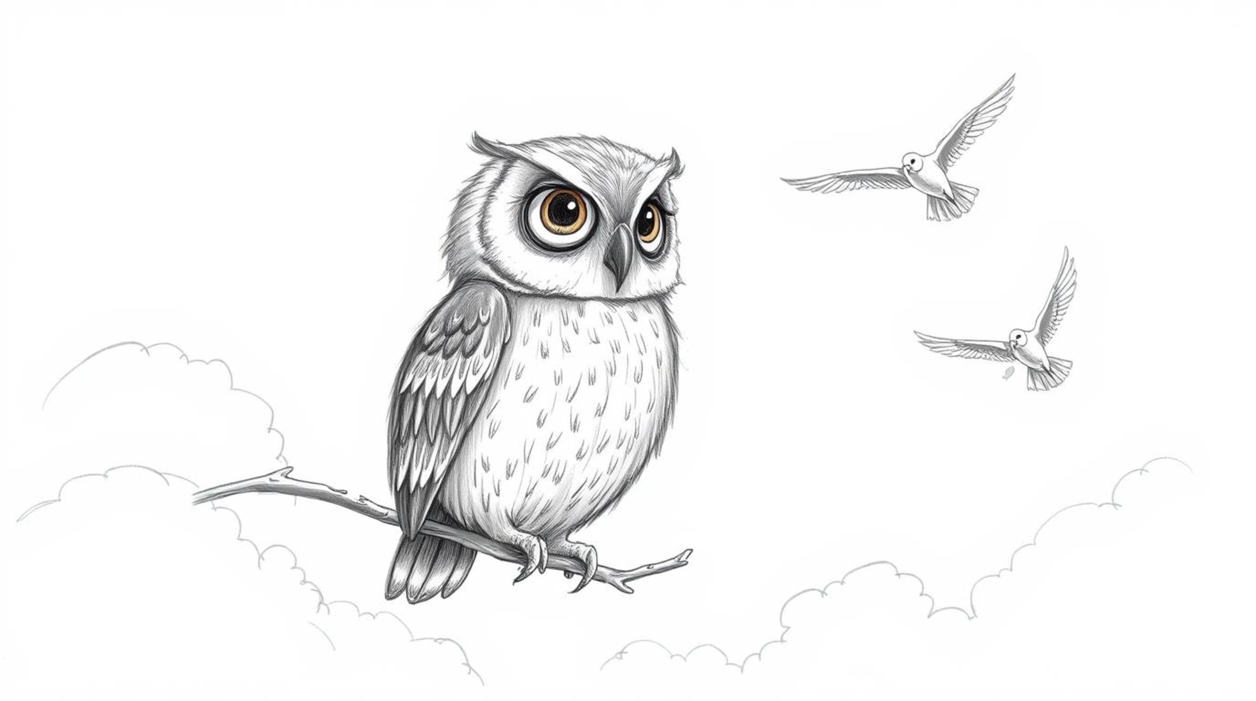A heartwarming hand-drawn sketch in the style of Pixar depicts a blind owl with textured pencil strokes, passionately teachin