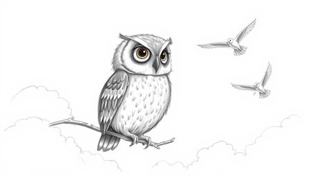 A heartwarming hand-drawn sketch in the style of Pixar depicts a blind owl with textured pencil strokes, passionately teachin