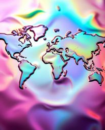 Explore a vibrant and abstract world map crafted from iridescent colorful splashes. This close-up shot showcases detailed foc