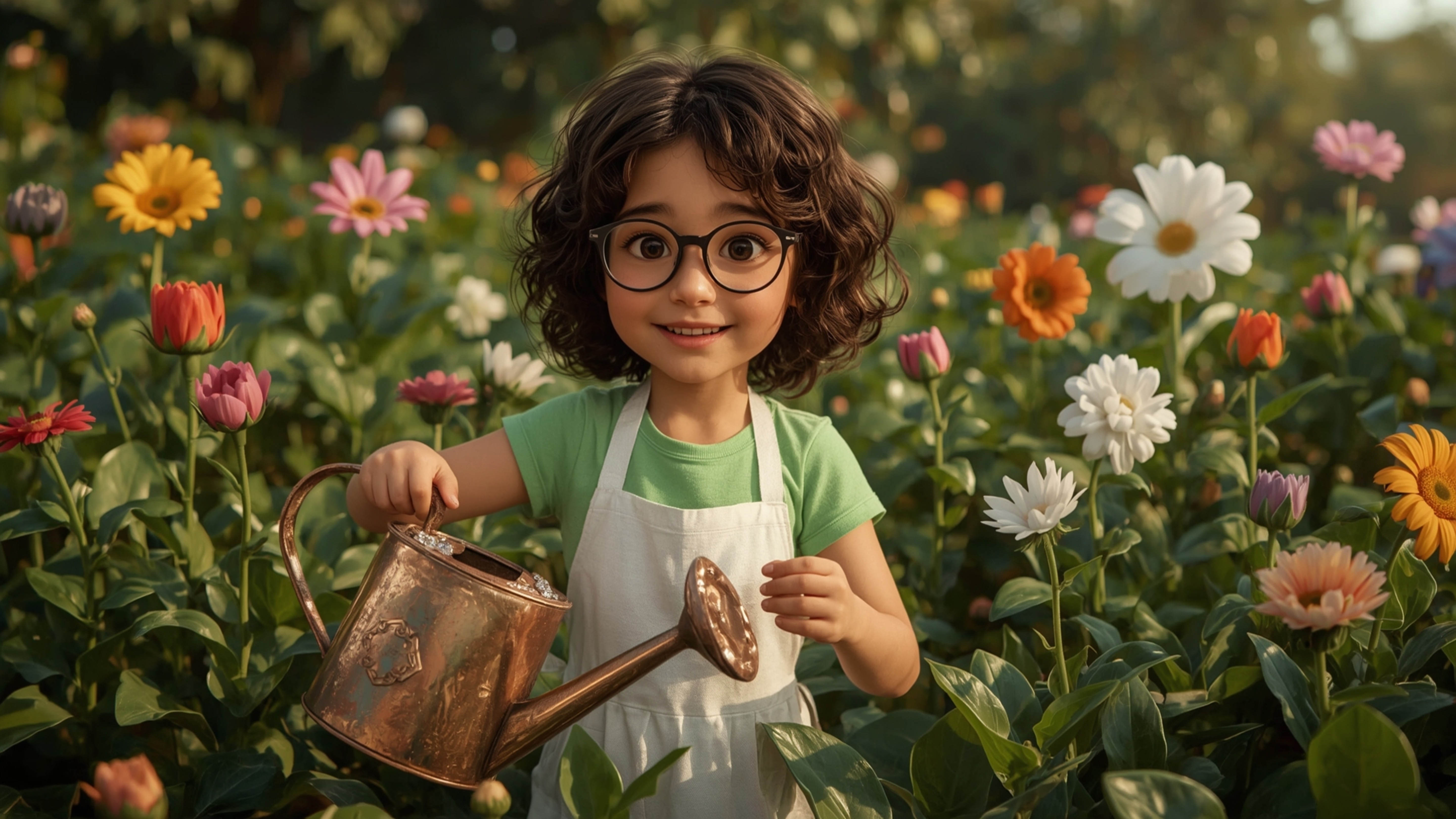 In a vibrant, whimsical, and highly detailed digital photograph reminiscent of Pixar's stylized realism, a bespectacled, curl