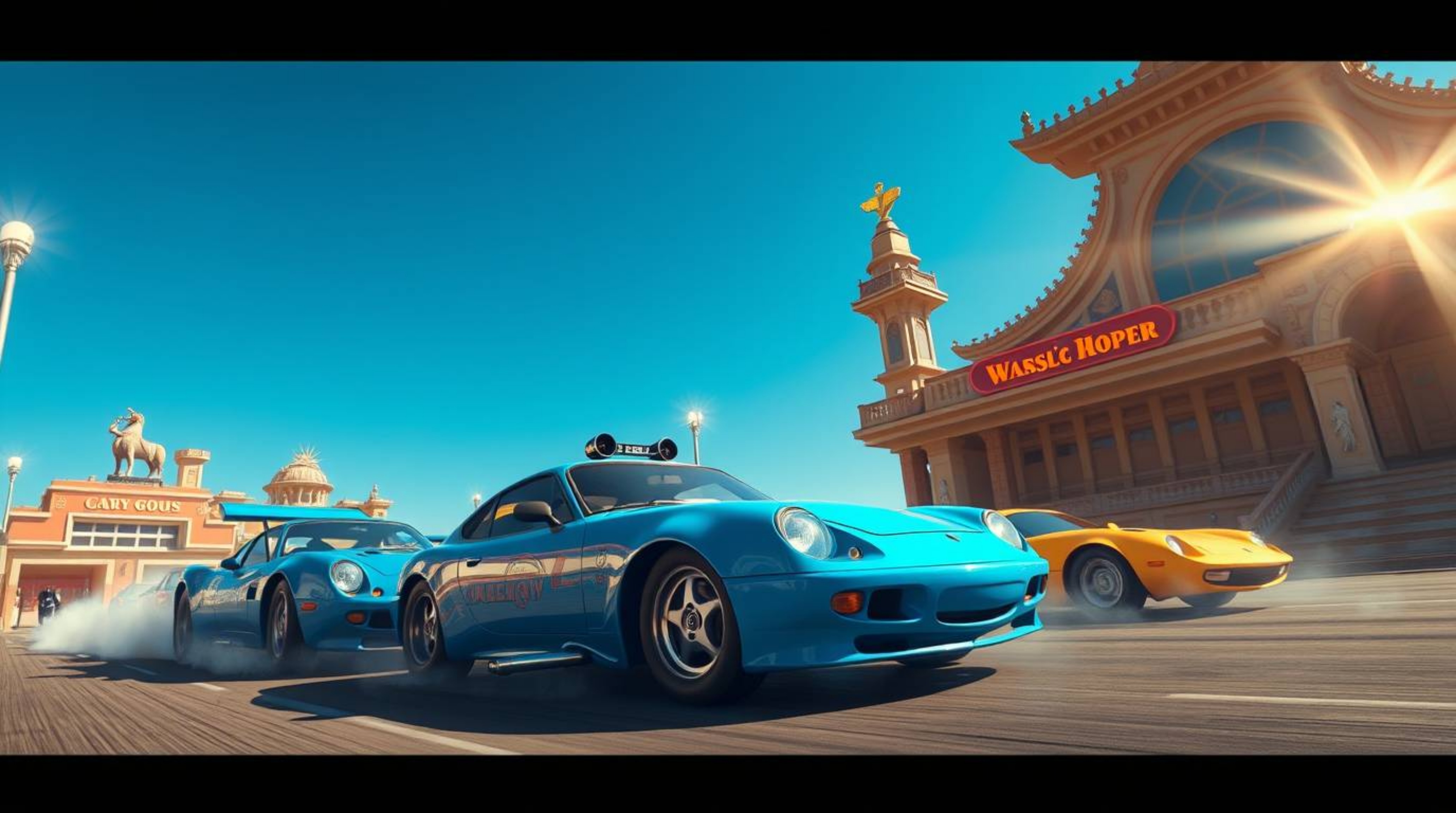 Experience a wildly imaginative racing scene filled with bizarre and outlandish cars, meticulously captured with an architect