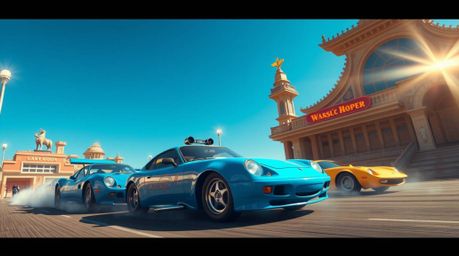 Experience a wildly imaginative racing scene filled with bizarre and outlandish cars, meticulously captured with an architect