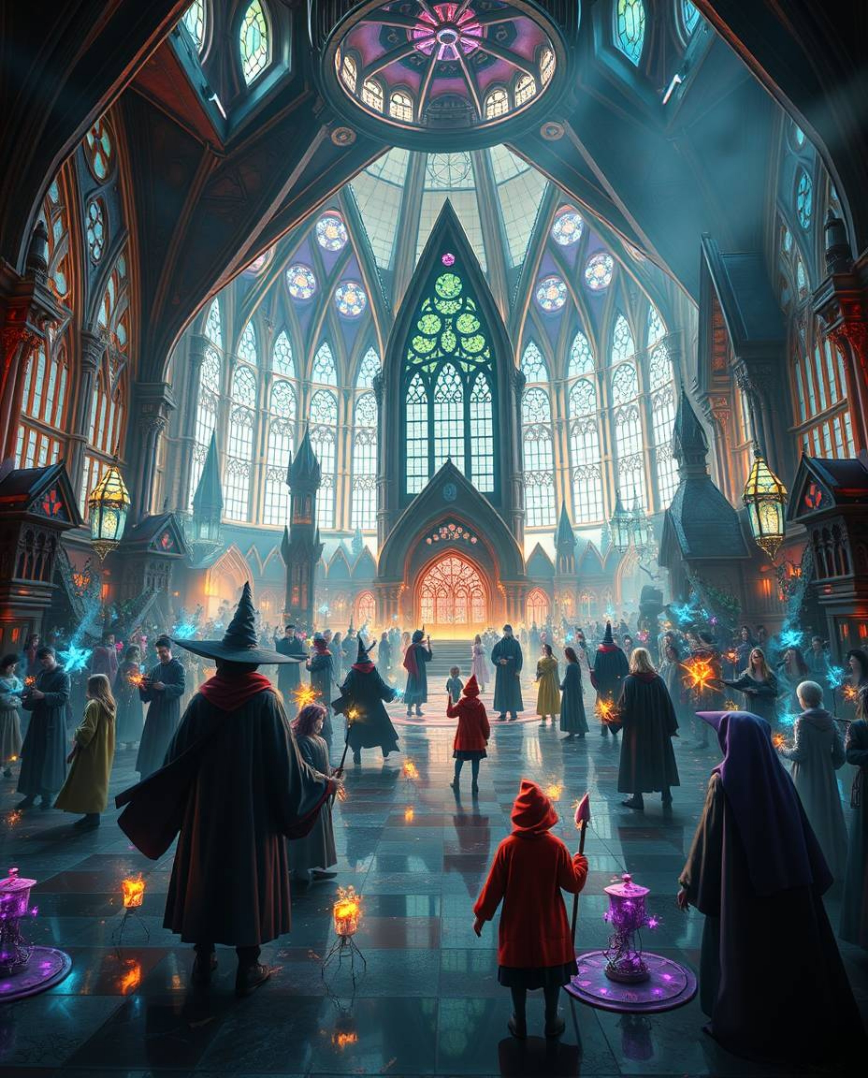Discover an epic scene of a magical school brimming with young wizards. This breathtaking illustration features stunning fut
