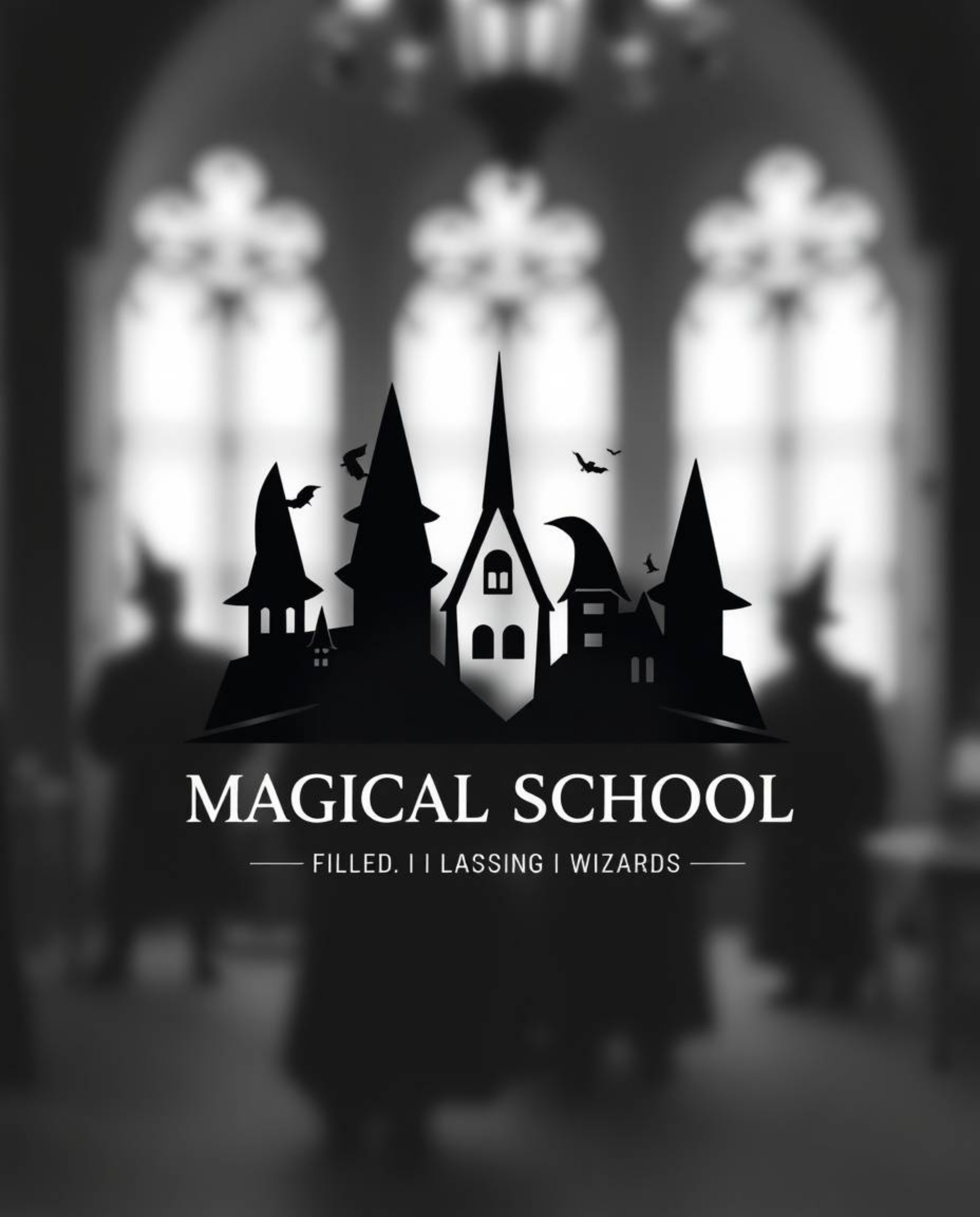 A captivating black and white logo design for a magical school, featuring young wizards. The design incorporates a blurred bo