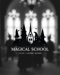 A captivating black and white logo design for a magical school, featuring young wizards. The design incorporates a blurred bo