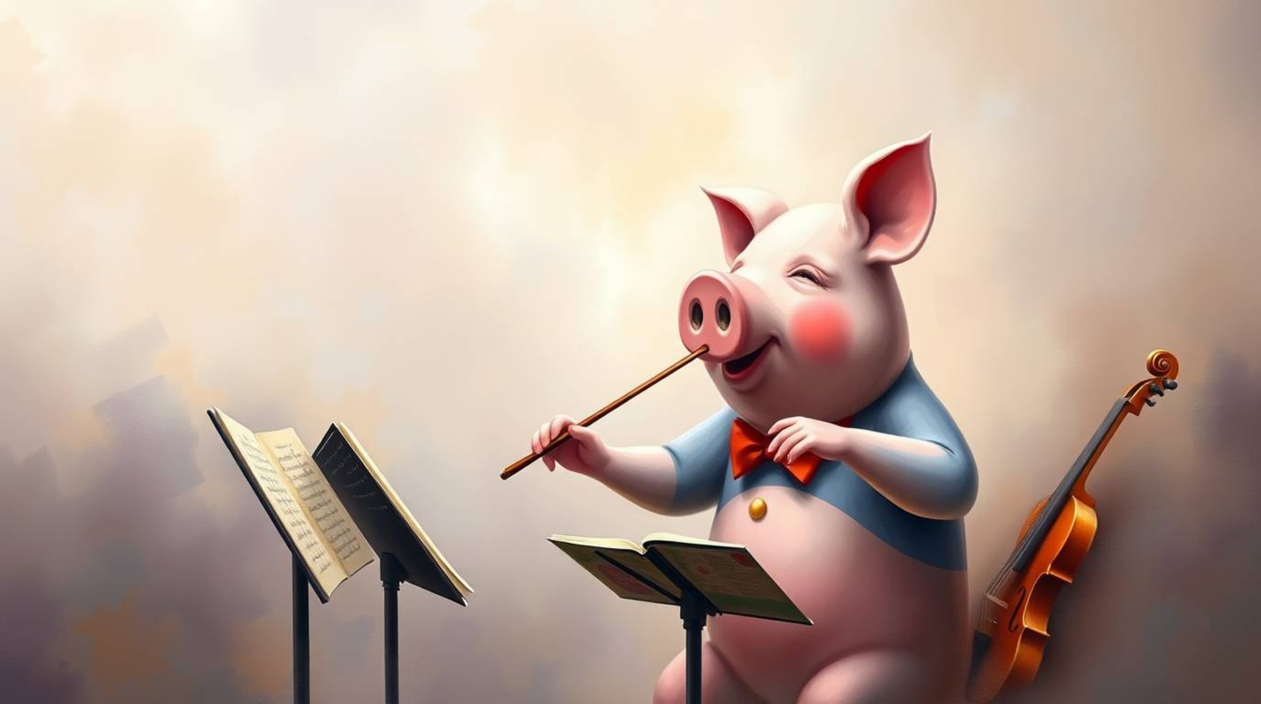A captivating surreal painting depicts a vibrant pig character conducting an orchestra in a thick, foggy setting.  The artwor