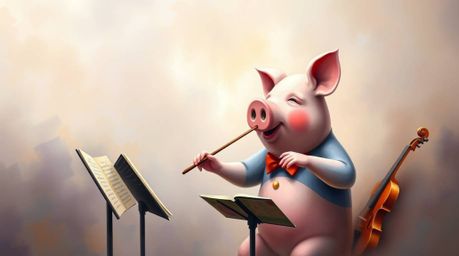 A captivating surreal painting depicts a vibrant pig character conducting an orchestra in a thick, foggy setting.  The artwor