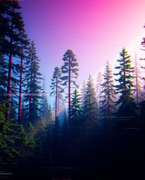A captivating image blends a modern, futuristic forest scene with a striking digital glitch effect.  The composition features