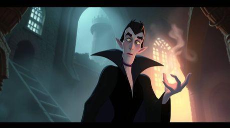 A classic Disney villain, with sharp features and pale skin, casts a spell within a crumbling old castle.  The scene is rende