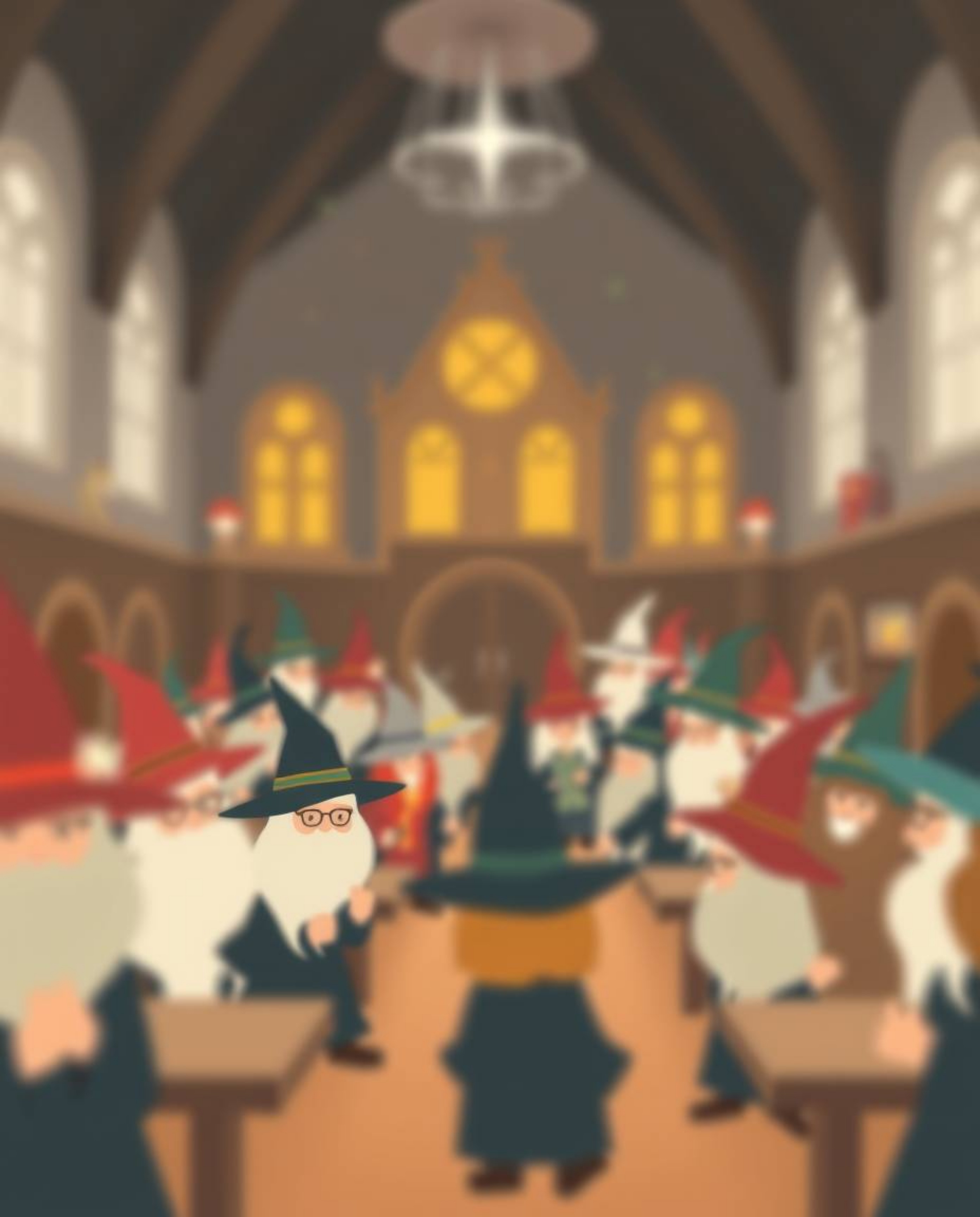 This illustration showcases a magical school teeming with young wizards, rendered in a modern flat design style with a blurre