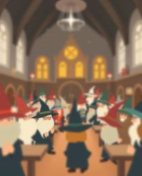 This illustration showcases a magical school teeming with young wizards, rendered in a modern flat design style with a blurre
