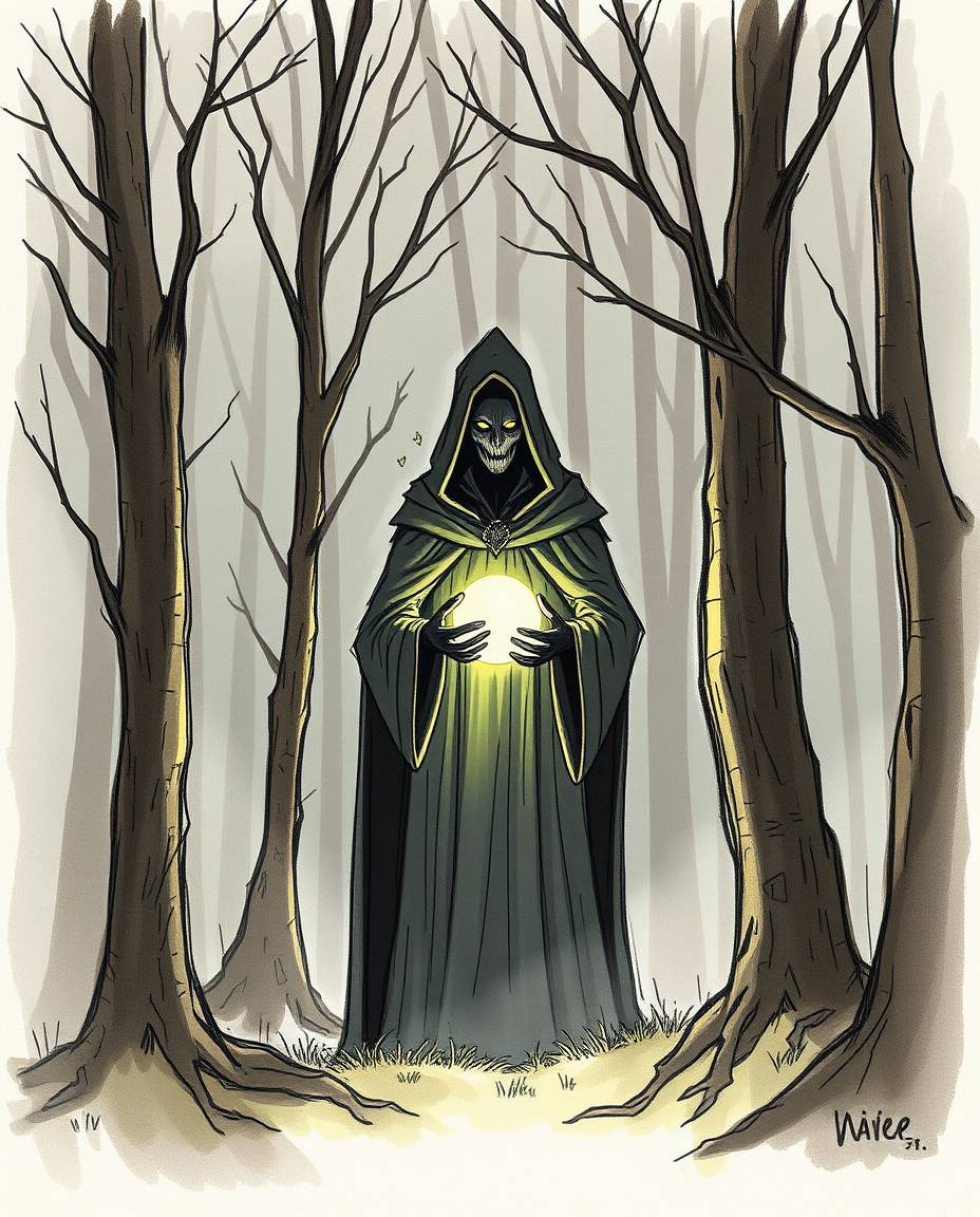 A captivating hand-drawn sketchnote depicts a mysterious cloaked figure within a misty forest, cradling a glowing orb.  The a
