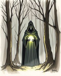 A captivating hand-drawn sketchnote depicts a mysterious cloaked figure within a misty forest, cradling a glowing orb.  The a