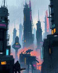 A captivating digital painting depicts a futuristic city in a glitch-mode aesthetic.  Painterly strokes and vibrant colors br