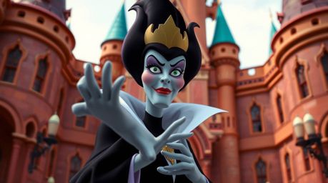 A captivating digital artwork depicting a classic Disney villain with regal posture, sharp features, casting a spell within a