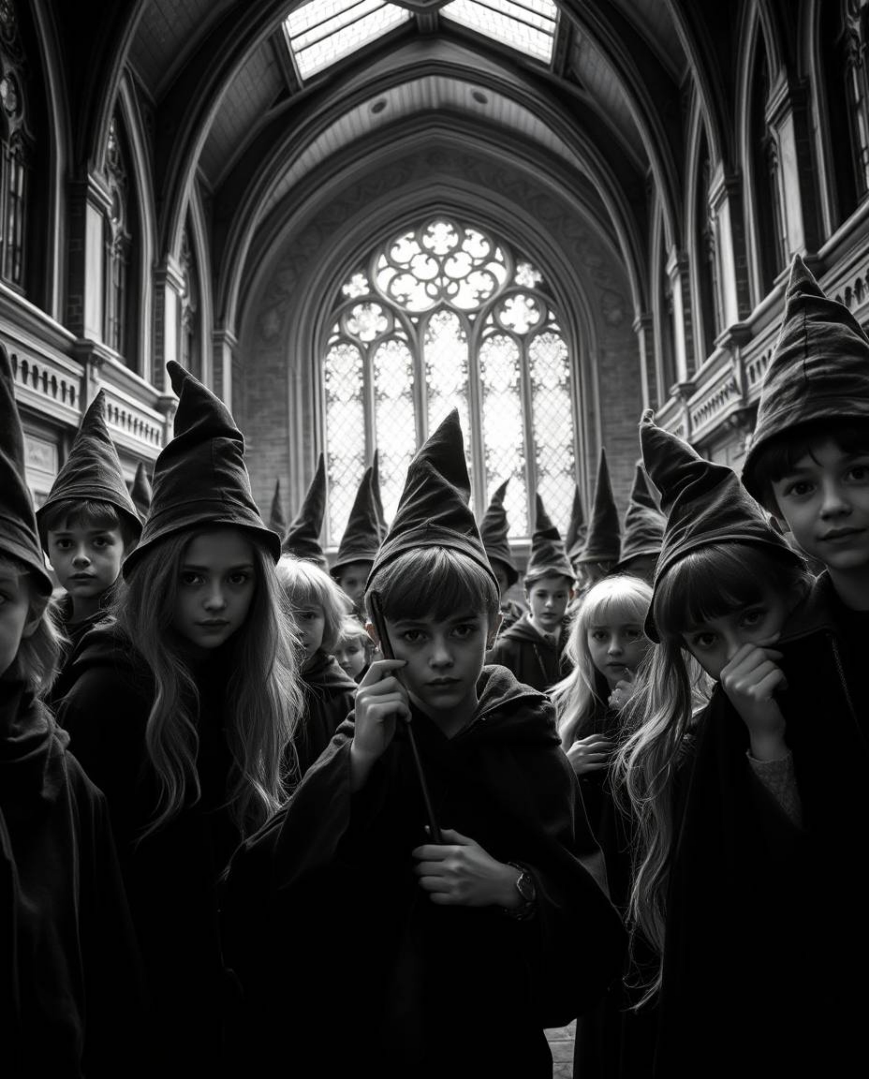 A captivating close-up photograph showcases a magical school brimming with young wizards. The classic black and white aesthe