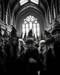 A captivating close-up photograph showcases a magical school brimming with young wizards. The classic black and white aesthe
