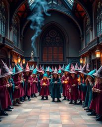 Immerse yourself in a captivating scene of a magical school brimming with young wizards, captured in stunning high-resolution