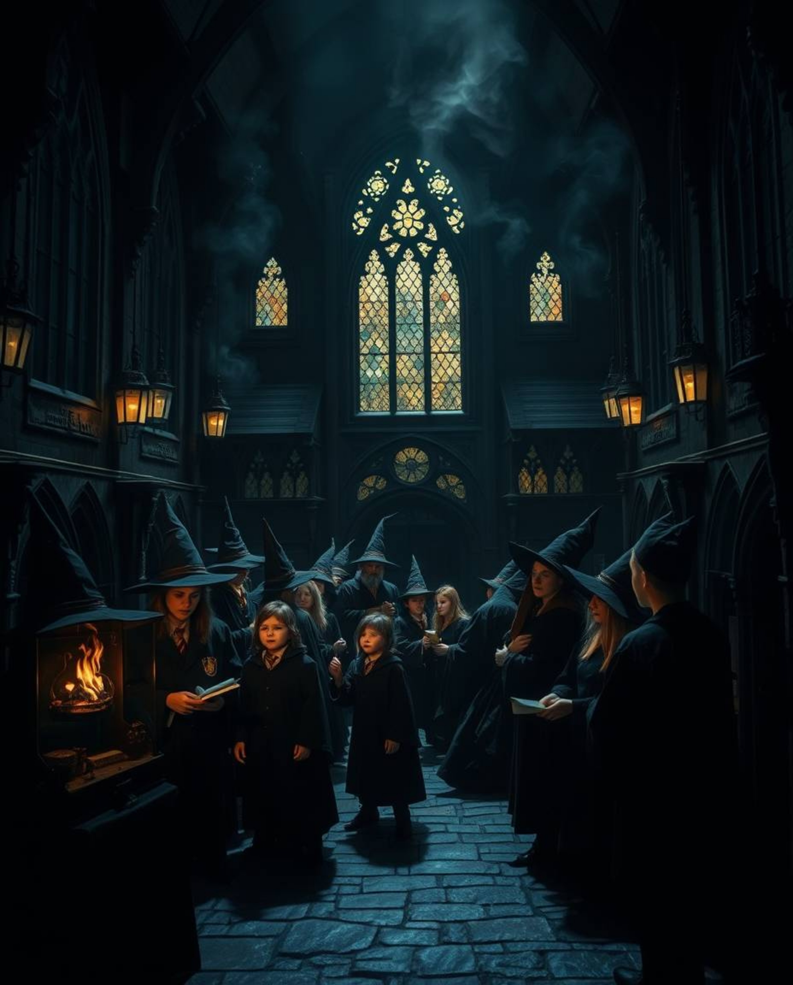Discover a captivating digital illustration of a magical school brimming with young wizards. Rendered in intense jet black, d