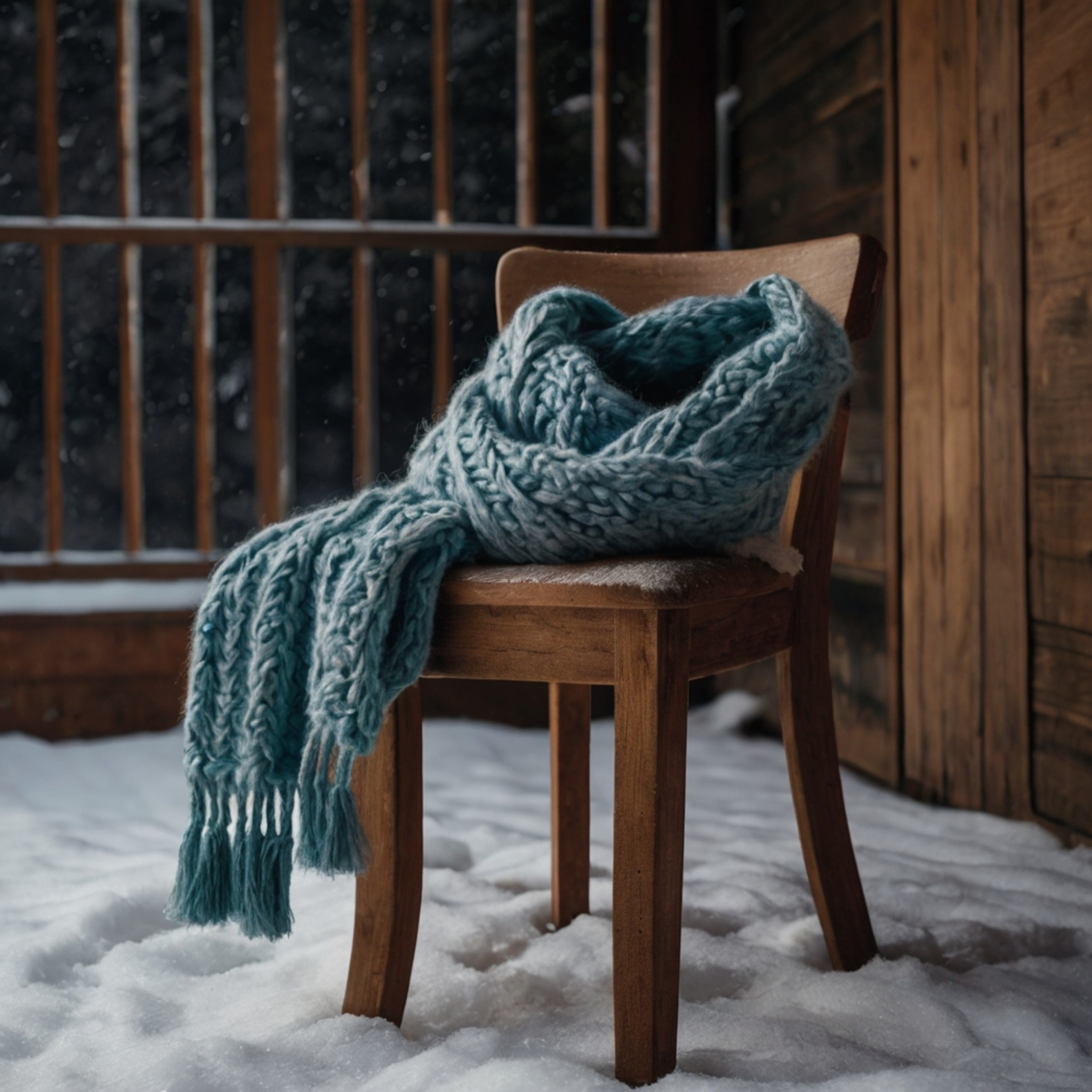 Capture the cozy essence of winter with this image featuring a hand-knitted scarf gracefully draped over a rustic wooden chai