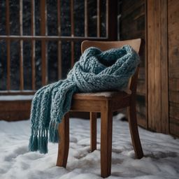 Capture the cozy essence of winter with this image featuring a hand-knitted scarf gracefully draped over a rustic wooden chai