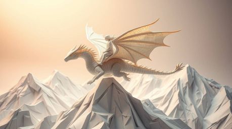 A captivating image of a layered papier-mâché dragon and rider soaring above icy mountains.  The artwork evokes an ethereal, 