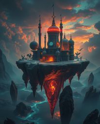 Experience a breathtaking surreal scene: a floating island with unique and peculiar architecture. This digital painting, rend