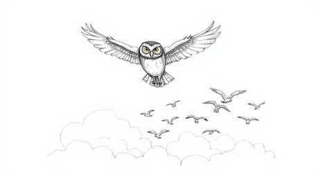 A heartwarming hand-drawn sketch, reminiscent of Pixar's style, portrays a proud, blind owl soaring above fluffy white clouds
