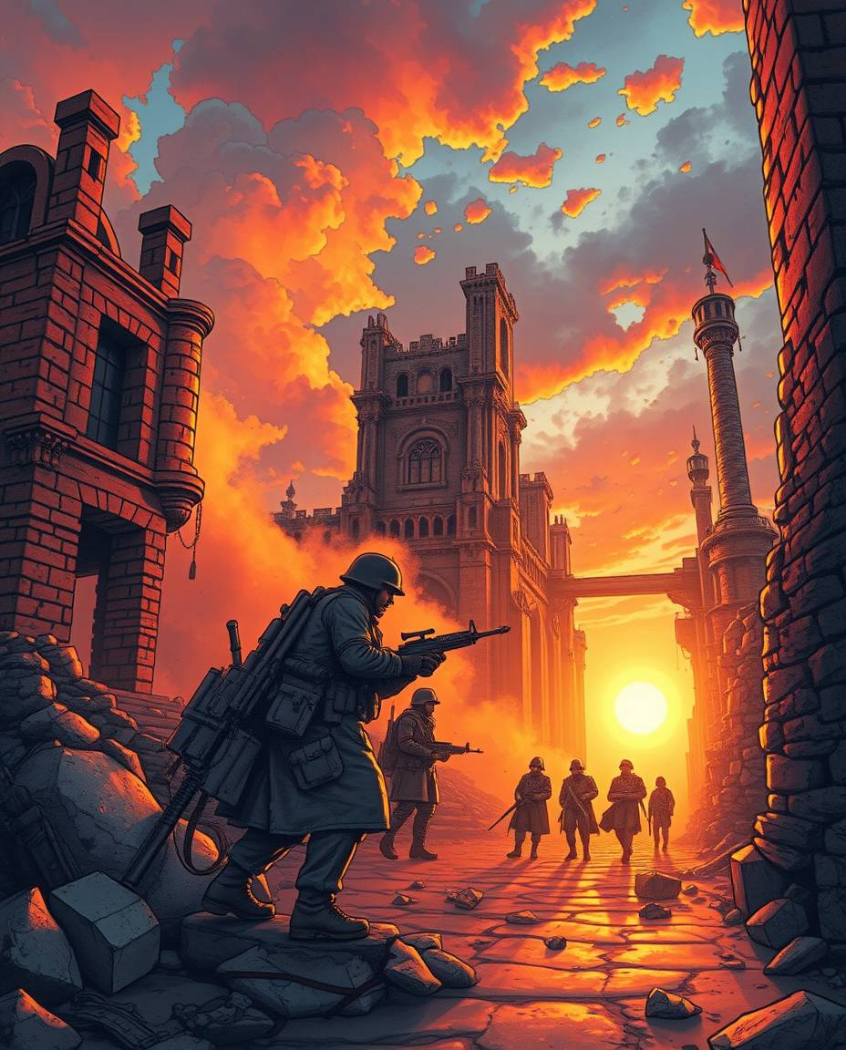 Immerse yourself in a symbolic traditional tattoo art print bathed in the warm golden hour light, depicting a battlefield of