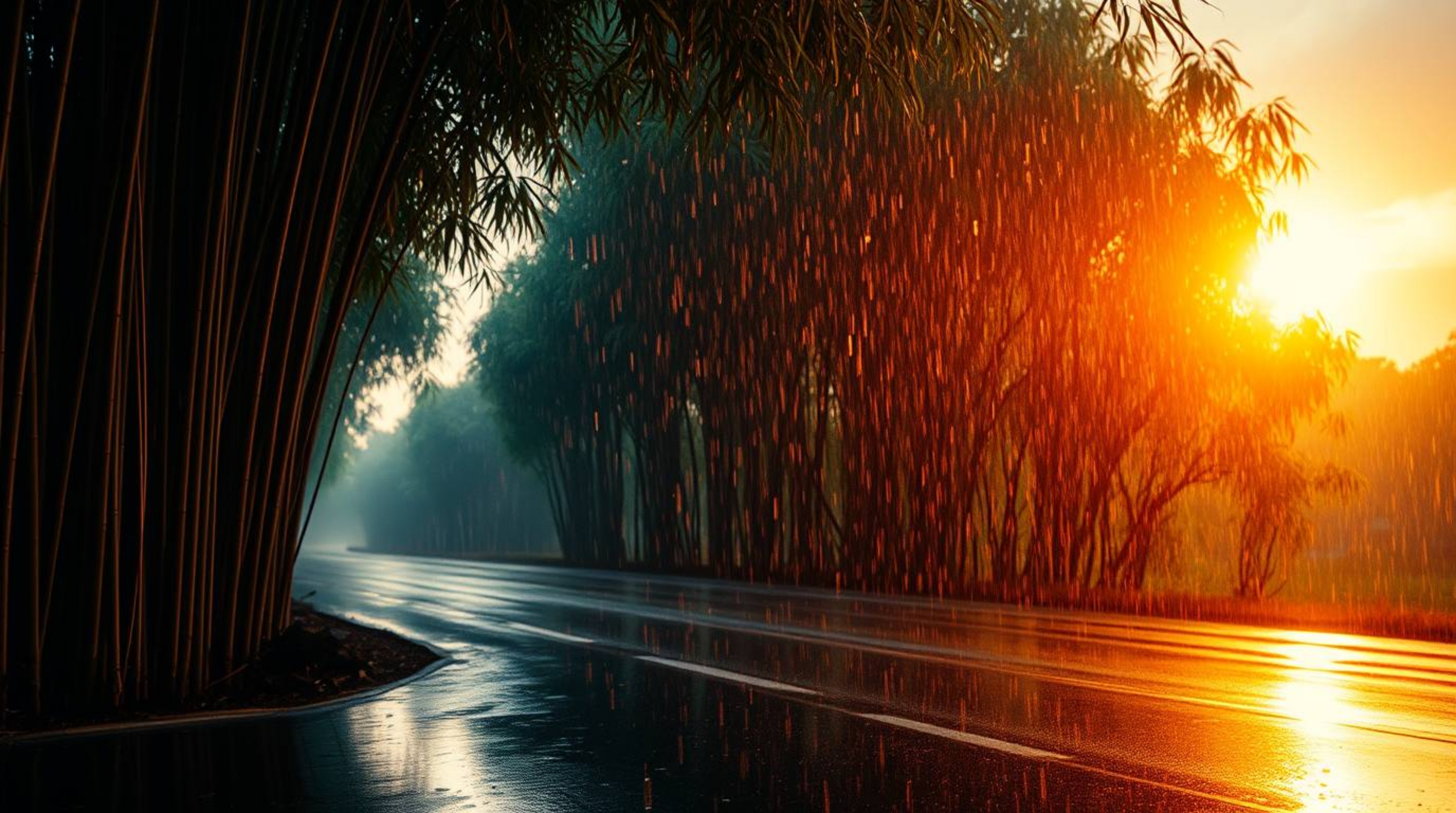 Experience a dramatic cinematic scene within a bamboo forest drenched in a gentle rain and illuminated by the warm hues of a 